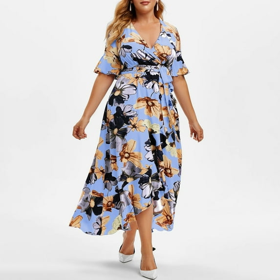 Wycnly Dresses for Women Plus Size Fashion Empire Waist Irregular Swing A Line Dresses Short Sleeve V-Neck Floral Print Summer Long Formal Dress Blue XL
