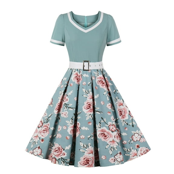 Wycnly Dresses for Women Plus Size Pleated Swing Party Prom Vintage 1950S Dresses with Belt V-Neck Short Sleeve Floral Print Summer Midi Formal Dress Green s