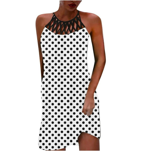 Wycnly Dresses for Women Sexy Hollowed off Shoulder Plus Size Beach Party Strap Mini Dresses Halter Sleeveless Polka Dot Print Summer Short Formal Dress White XXXXL
