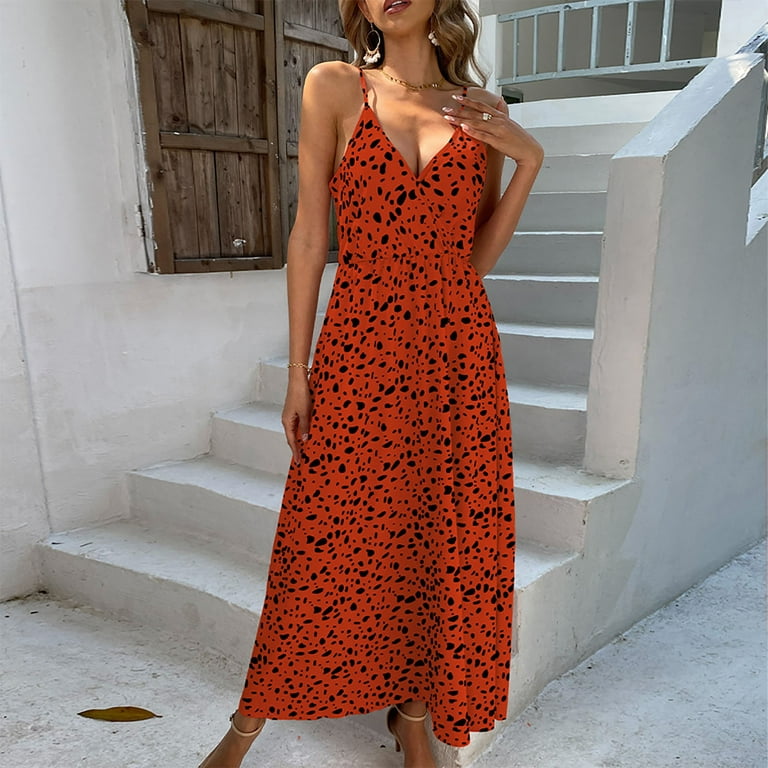 Wycnly Dresses for Women Vintage Empire Waist Spaghetti Strap Cocktail  Party Maxi Dresses Sleeveless V-Neck Leopard Print Summer Long Formal Dress  Red m 