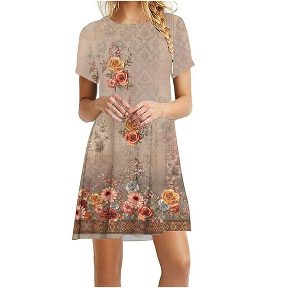 Wycnly Dresses for Women Vintage Plus Size Loose Swing Tunic Tshirt Short Dresses Crewneck Short Sleeve Flowers Print Summer Mini Formal Dress Yellow XL