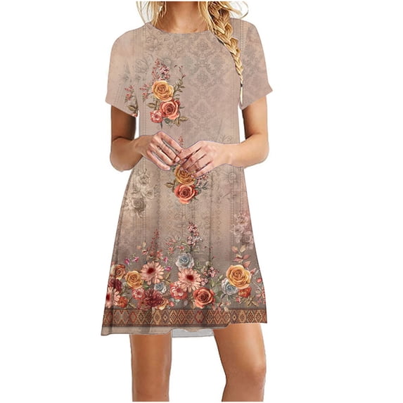 Wycnly Dresses for Women Vintage Plus Size Loose Swing Tunic Tshirt Short Dresses Crewneck Short Sleeve Flowers Print Summer Mini Formal Dress Yellow m