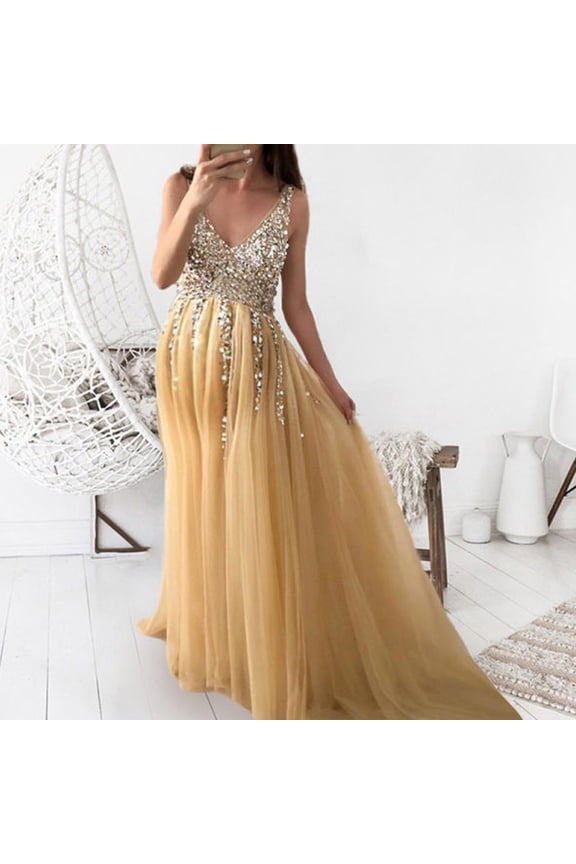 Dresses for Women Wedding Guest Elegant Mesh Sequin Patchwork Swing Tank Maxi Dresses Sleeveless V-Neck Solid Summer Long Formal Dress Yellow m