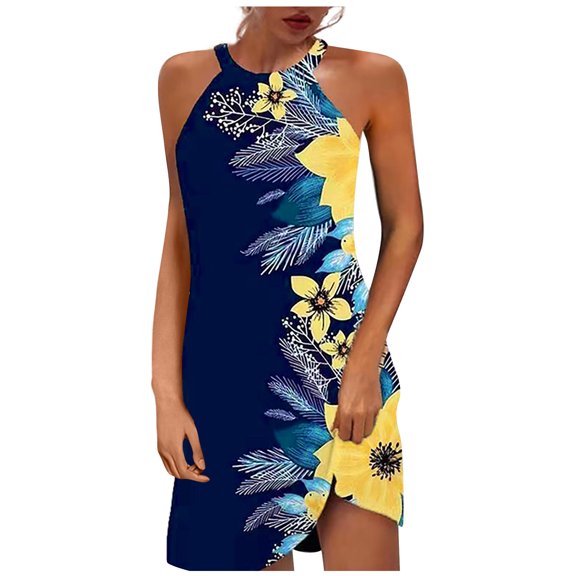 Wycnly Dresses for Women 2024 Beach Off Shoulder Halter Tunic Tank Short Dresses Sleeveless Round Neck Floral Print Summer Mini Formal Dress Yellow l