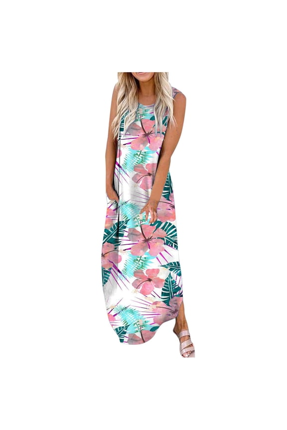 Dresses for Women 2024 Loose Pocket Beach Boho Side Slit Shift Sun Dresses Sleeveless Crewneck Leaves Print Summer Maxi Casual Dress Pink S
