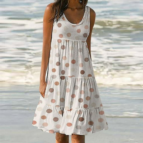 Wycnly Dresses for Women 2024 Sleeveless Round Neck Floral Print Summer Knee-Length Sun Dress Beach Boho Loose Flowy Swing Tank Midi Dresses Coffee