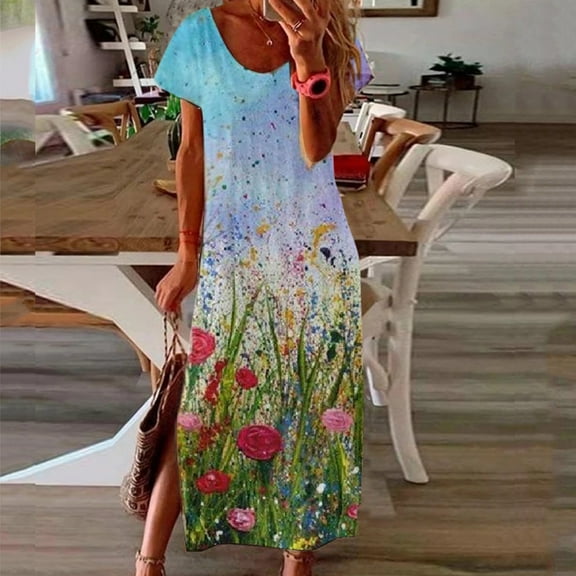Wycnly Dresses for Women Beach Boho Casual Side Slit Loose Tshirt Long Sundress Short Sleeve V-Neck Daisy Print Summer Maxi Formal Dress Blue l