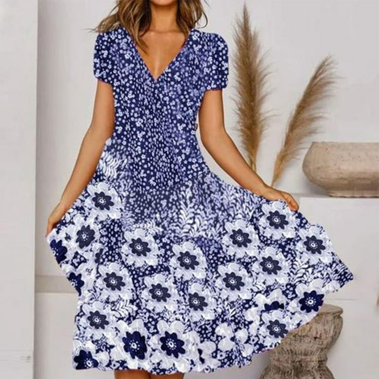 Wycnly Dresses for Women Beach Boho Fashion Flowy Swing A Line Tunic  Sundress Short Sleeve V-Neck Floral Print Summer Long Formal Dress Blue XL