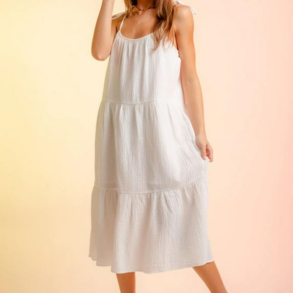 Wycnly Dresses for Women Beach Casual Loose Flowy Ruffle Swing Spaghetti Strap Sundress Sleeveless Round Neck Solid Summer Long Formal Dress White XL