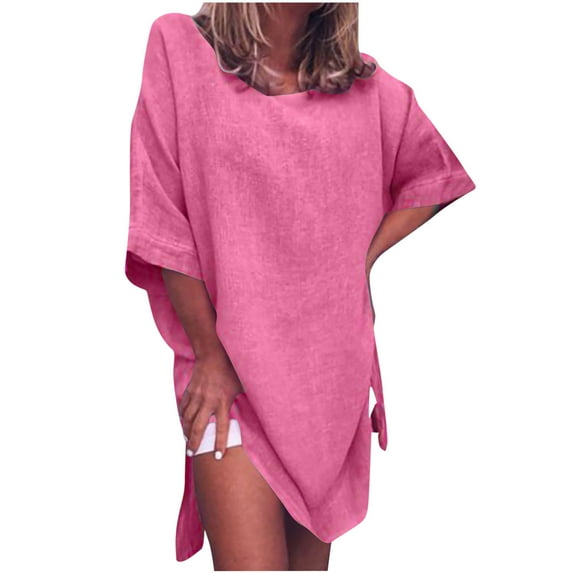 Wycnly Dresses for Women Beach Casual Loose Soft Cotton Linen Side Slit Dresses V-Neck Elbow-Length Solid Summer Mini Formal Dress Hot Pink s