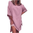 thumbnail image 1 of Wycnly Dresses for Women Beach Casual Loose Soft Cotton Linen Side Slit Dresses V-Neck Elbow-Length Solid Summer Mini Formal Dress Pink m, 1 of 6
