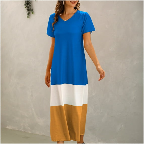 Wycnly Dresses for Women Beach Fashion Loose Lightweight Tshirt Long Sundress Short Sleeve V-Neck Color Patchwork Summer Maxi Formal Dress Blue XXL
