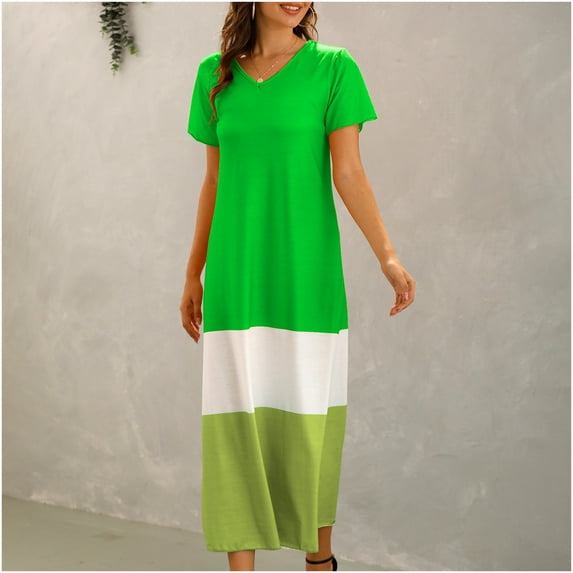 Wycnly Dresses for Women Beach Fashion Loose Lightweight Tshirt Long Sundress Short Sleeve V-Neck Color Patchwork Summer Maxi Formal Dress Green l
