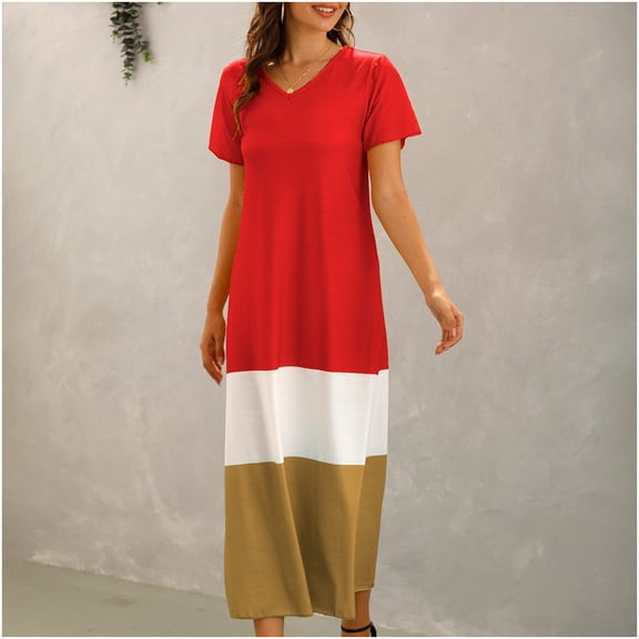 Wycnly Dresses for Women Beach Fashion Loose Lightweight Tshirt Long Sundress Short Sleeve V-Neck Color Patchwork Summer Maxi Formal Dress Red XL