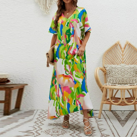 Wycnly Dresses for Women Beach Loose Flowy Swing Tunic A Line Long Sundress Short Sleeve V-Neck Camouflage Summer Maxi Formal Dress Green s