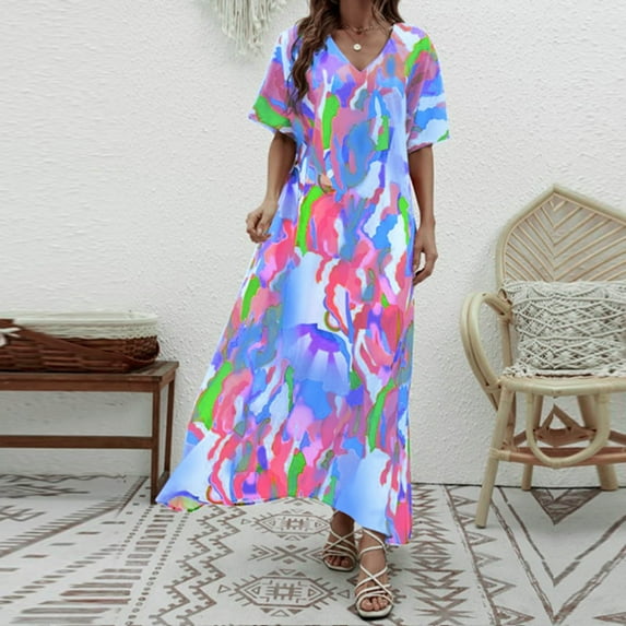 Wycnly Dresses for Women Beach Loose Flowy Swing Tunic A Line Long Sundress Short Sleeve V-Neck Camouflage Summer Maxi Formal Dress Purple l