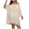 thumbnail image 1 of Wycnly Dresses for Women Beach Plus Size Knitted Cover Ups Dresses with Tassel V-Neck Elbow-Length Solid Summer Mini Formal Dress Beige XXL, 1 of 7