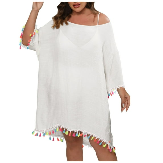 Wycnly Dresses for Women Beach Plus Size Knitted Cover Ups Dresses with Tassel V-Neck Elbow-Length Solid Summer Mini Formal Dress White XXXL