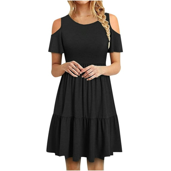 Wycnly Dresses for Women Casual Elastic Waist Ruffle Swing Cold Shoulder Short Dresses Round Neck Short Sleeve Solid Summer Mini Formal Dress Black s