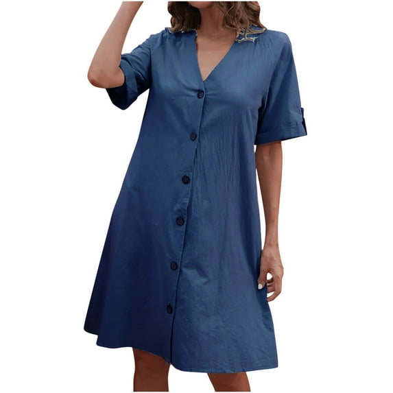 Wycnly Dresses for Women Casual Loose Swing Button Down Tunic Shirt Short Dresses V-Neck Short Sleeve Solid Summer Mini Formal Dress Dark Blue m
