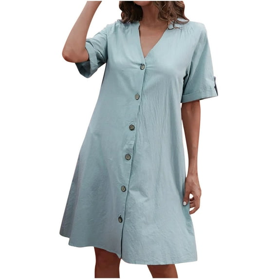 Wycnly Dresses for Women Casual Loose Swing Button Down Tunic Shirt Short Dresses V-Neck Short Sleeve Solid Summer Mini Formal Dress Light Blue XL