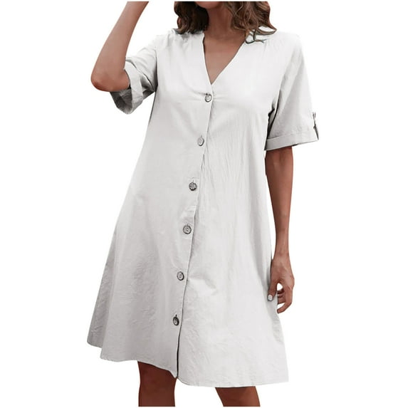 Wycnly Dresses for Women Casual Loose Swing Button Down Tunic Shirt Short Dresses V-Neck Short Sleeve Solid Summer Mini Formal Dress White XL