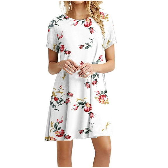 Wycnly Dresses for Women Casual Loose Swing Tunic Tshirt Short Dresses Round Neck Short Sleeve Floral Summer Mini Formal Dress White l