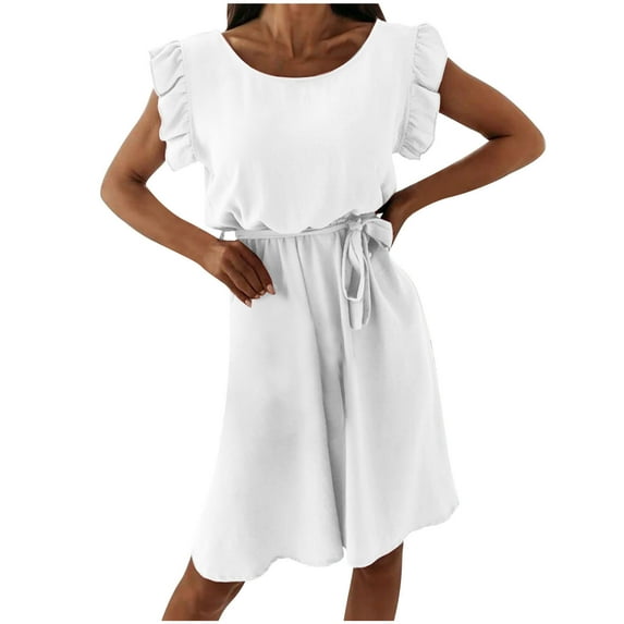 Wycnly Dresses for Women Casual Ruffle Sleeve Elastic Waist Swing Mini Dresses with Tie Round Neck Sleeveless Solid Summer Short Formal Dress White s