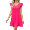 thumbnail image 1 of Wycnly Dresses for Women Casual Ruffle Sleeve Lightweight Swing Tunic Tshirt Dresses V-Neck Short Sleeve Solid Summer Mini Formal Dress Hot Pink l, 1 of 7