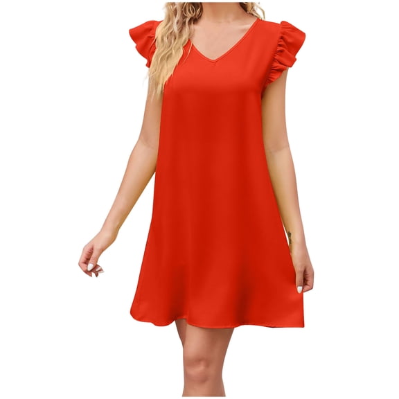 Wycnly Dresses for Women Casual Ruffle Sleeve Lightweight Swing Tunic Tshirt Dresses V-Neck Short Sleeve Solid Summer Mini Formal Dress Orange XXL