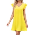 thumbnail image 1 of Wycnly Dresses for Women Casual Ruffle Sleeve Lightweight Swing Tunic Tshirt Dresses V-Neck Short Sleeve Solid Summer Mini Formal Dress Yellow XXL, 1 of 7
