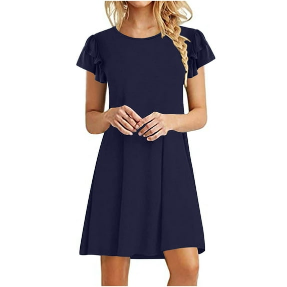 Wycnly Dresses for Women Casual Ruffle Sleeve Loose Swing Tunic Tshirt Dresses Round Neck Short Sleeve Solid Summer Mini Formal Dress Navy m