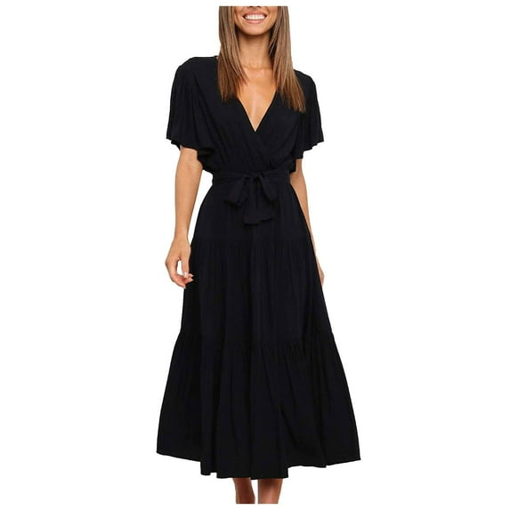 Wycnly Dresses for Women Casual Ruffle Sleeve Tie Waist Loose Swing A Line Sundress Short Sleeve V-Neck Solid Summer Long Formal Dress Black l