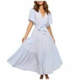 thumbnail image 1 of Summer Saving Wycnly Womens Dresses Casual Ruffle Sleeve Tie Waist Loose Swing A Line Sundress Fashion Solid V-Neck Short Sleeve Long Summer Dress Light Blue s, 1 of 6