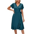 thumbnail image 1 of Wycnly Dresses for Women Casual Solid Ruffle Wrap Hem Party Knee-Length Dresses V-Neck Short Sleeve Plain Summer Midi Formal Dress Dark Blue s, 1 of 5