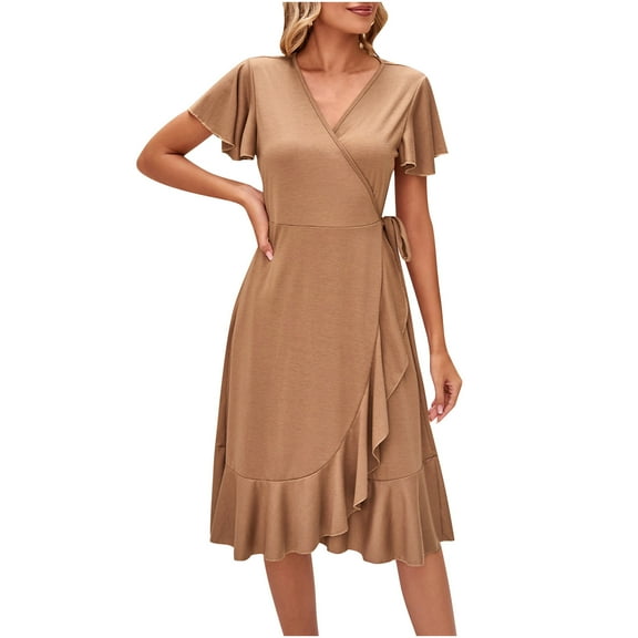 Wycnly Dresses for Women Casual Solid Ruffle Wrap Hem Party Knee-Length Dresses V-Neck Short Sleeve Plain Summer Midi Formal Dress Khaki m