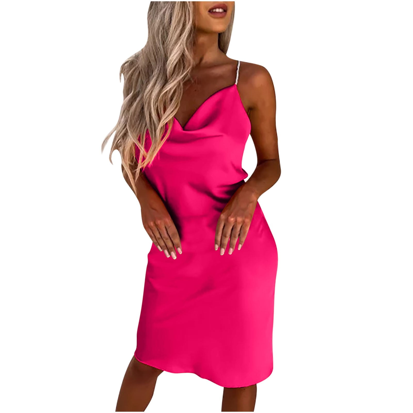 Wycnly Dresses for Women Cocktail Party Prom Sexy Slim Spaghetti Strap Mini Dresses V-Neck Sleeveless Solid Summer Short Formal Dress Hot Pink s