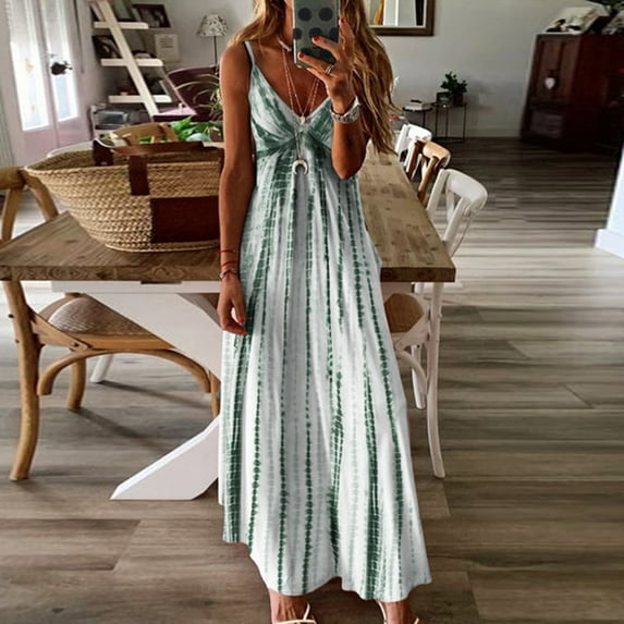 Wycnly Dresses for Women Fashion Elastic Waist Spaghetti Strap Beach Long Sundress Sleeveless V-Neck Striped Print Summer Maxi Formal Dress Green s