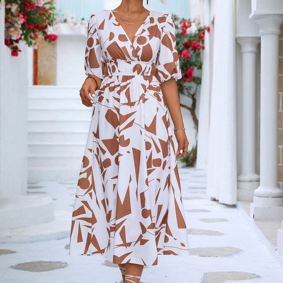 Wycnly Dresses for Women Fashion Empire Waist Flowy Swing Tunic A Line Dresses Short Sleeve V-Neck Geometric Print Summer Midi Formal Dress Orange m