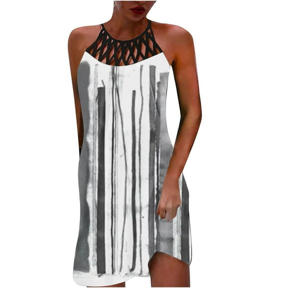 Wycnly Dresses for Women Fashion Plus Size Hollow out off Shoulder Strap Sundresses Halter Sleeveless Marbled Print Summer Mini Formal Dress Gray s