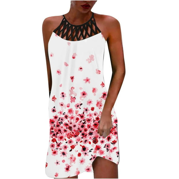 Wycnly Dresses for Women Fashion Plus Size Hollow out off Shoulder Strap Sundresses Halter Sleeveless Marbled Print Summer Mini Formal Dress Pink XL