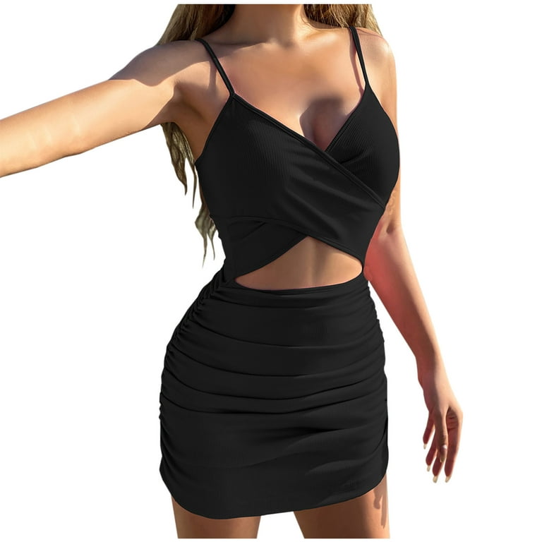 Wycnly Dresses for Women Night Club Sexy Cut-out Ruched Bodycon Cami Dresses  V-Neck Sleeveless Solid Summer Mini Formal Dress Black s 