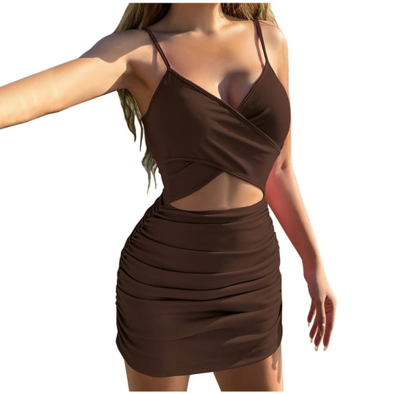 Wycnly Dresses for Women Night Club Sexy Cut-out Ruched Bodycon Cami Dresses V-Neck Sleeveless Solid Summer Mini Formal Dress Brown s
