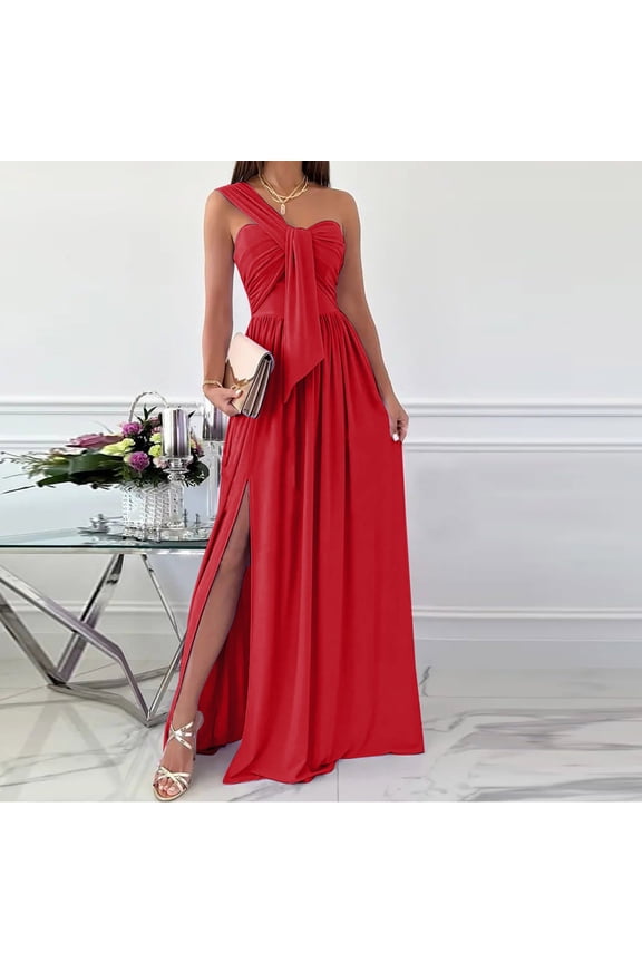 Dresses for Women One Shoulder Sexy Slit Pleated Swing off Shoulder Party Maxi Dresses Sleeveless V-Neck Plain Summer Long Formal Dress Red l