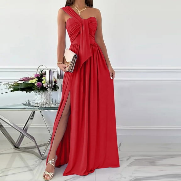 Wycnly Womens Dresses One Shoulder Sexy Slit Pleated Swing off Shoulder Party Maxi Dresses Fashion Plain V-Neck Sleeveless Long Summer Dress Red s