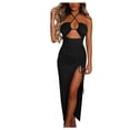 thumbnail image 1 of Wycnly Dresses for Women Party Club Sexy Cut-out Slit Ruched Bodycon Dresses with Drawstring Sleeveless Halter Solid Summer Long Formal Dress Black s, 1 of 7