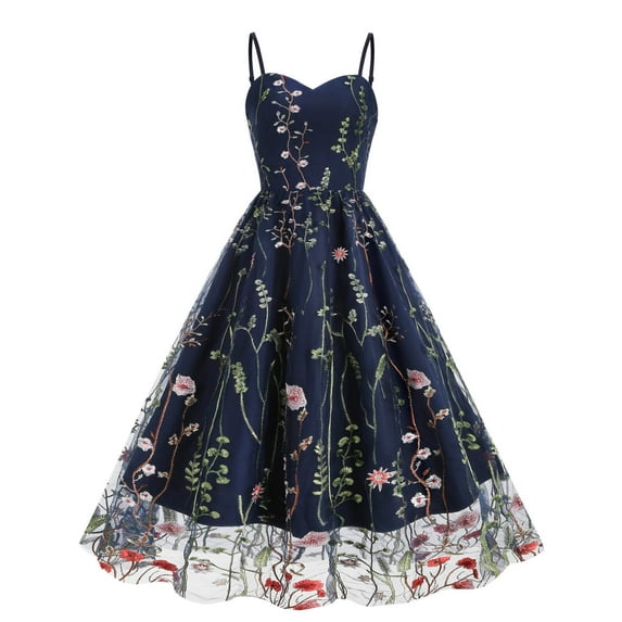 Wycnly Dresses for Women Party Prom Sexy Mesh Patchwork Pleated Swing Strap 1950S Dresses V-Neck Sleeveless Floral Summer Midi Formal Dress Navy l