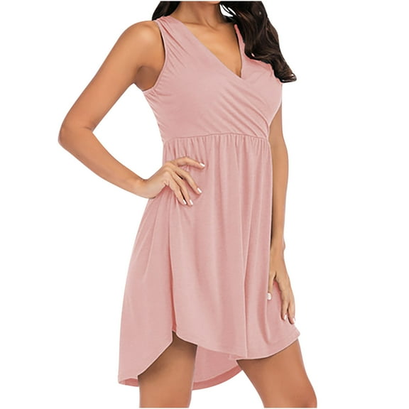 Wycnly Dresses for Women Plus Size High Waist Smocked Irregular Swing Tank Dresses V-Neck Sleeveless Solid Summer Mini Formal Dress Pink l