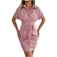 thumbnail image 1 of Wycnly Dresses for Women Sexy Bodycon Button Down Wrap Shirt Dresses with Belt Lapel Short Sleeve Solid Summer Mini Formal Dress Pink s, 1 of 7