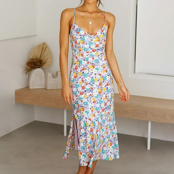 Wycnly Dresses for Women Sexy Slim Spaghetti Strap Beach Party Cami Long Dresses Sleeveless V-Neck Floral Summer Maxi Formal Dress Blue l